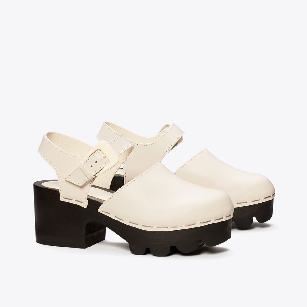 Tory Burch Lug Sole Leather Platform Clogs, White/Ivory, Size 7